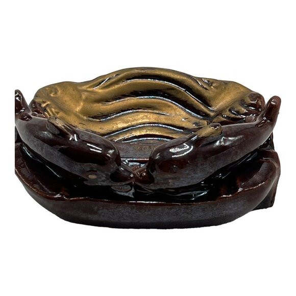 Florida Dolphin Kissing Ashtray Mid Century Retro Brown Glazed Pottery Japan - Picture 5 of 8